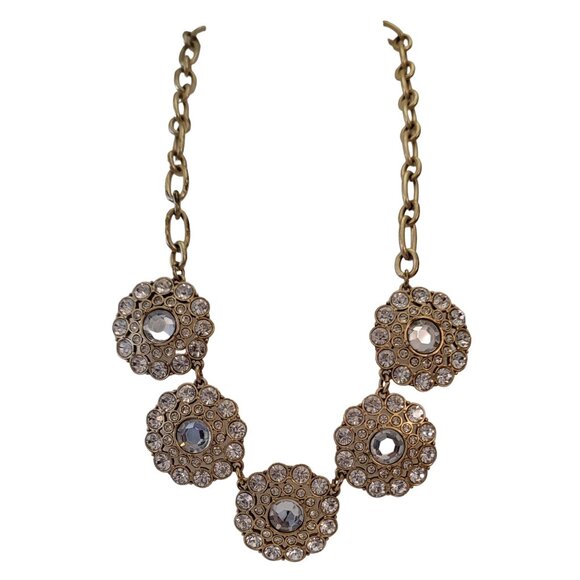 J Crew Gold Tone Glass Plastic Rhinestone Medallions Collar Chain  Necklace E545 - Picture 2 of 7